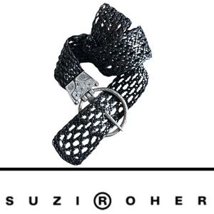 Suzi Roher Steampunk Black Braided Woven Leather Belt with Pewter Buckle XL
